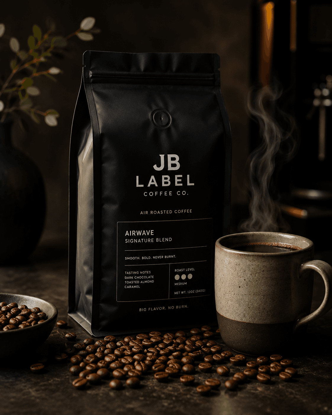 JB Label Coffee bag with mug and coffee beans